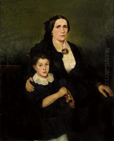 Portrait Of Argiro Zerlentis (nee Maximou) With Her Son Pericles Oil Painting by Nicholaos Kounelakis