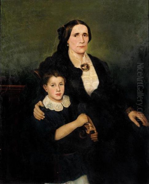 Portrait Of Argiro Zerlentis (nee Maximou) With Her Son Pericles Oil Painting by Nicholaos Kounelakis