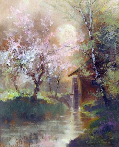 Landscape With House And Almond Tree Oil Painting by Laszlo Kezdi Kovacs