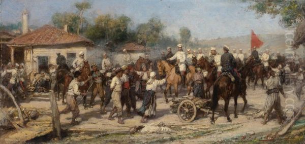 An Episode From The 1877-78 War: Russian Troops Liberate A Balkan Village From The Turks Oil Painting by Pavel Osipovich Kovalevskii