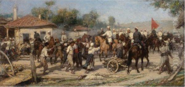 Capture Of The Village Oil Painting by Pavel Osipovich Kovalevskii