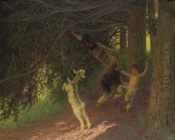 Fauns Gamboling In The Forest Oil Painting by Leopold-Franz Kowalsky