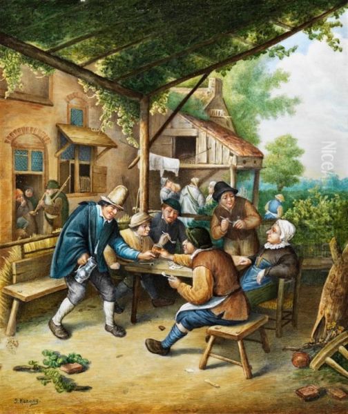 Zechende Bauern Unter Einer Laube Voreinem Wirtshaus Oil Painting by J. Kozany