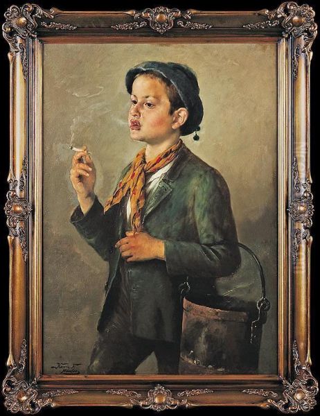 Smoking Boy Oil Painting by Ferenc Kozics