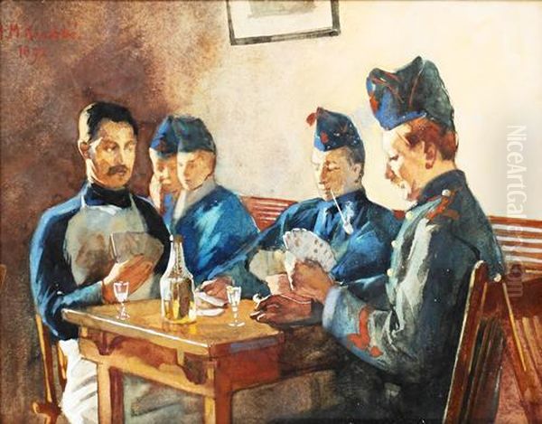 Officers Playing Cards Oil Painting by Heinrich Martin Krabb