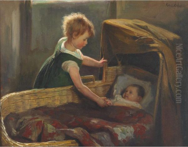 Aan De Wiegl (at The Cradle) Oil Painting by Heinrich Martin Krabb