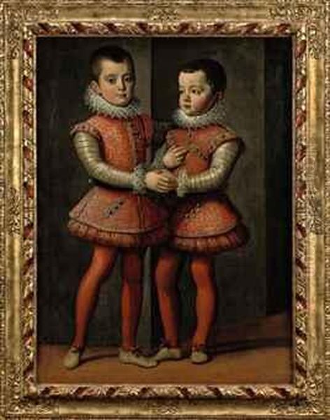 Portrait Of Vittorio Amedeo (1587-1637) And Emanuele Filiberto(1588-1624), Dukes Of Savoy, Full-length, In Red And Silvercostumes With Red Hoses, Lace Collars And Cuffs Oil Painting by Jan Kraeck