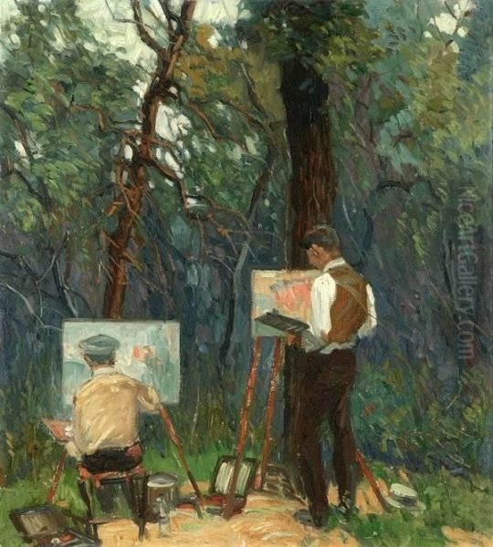 Two Artists Painting At Easels In Wooded Landscape Oil Painting by Carl Rudolph Krafft