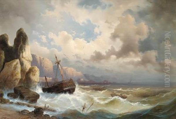 Caravel On Stormy Seas Oil Painting by Carl Rudolph Krafft