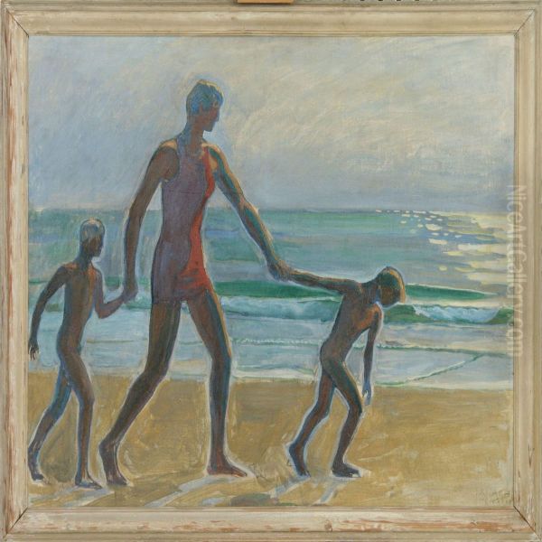 Two Boys And A Man Onthe Beach Oil Painting by Johannes Kragh