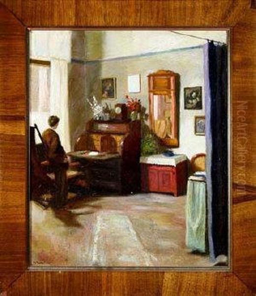 A German Interior With A Young Man Standing At A Desk Oil Painting by Willibald Krain