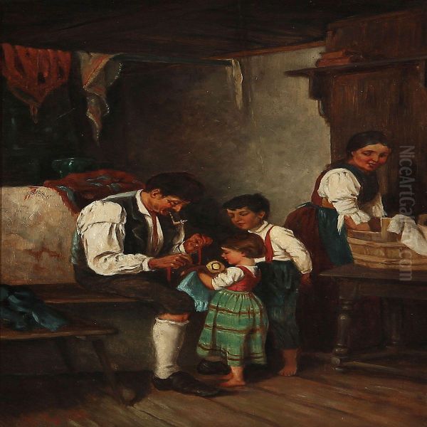 Two Peasant Interiors Oil Painting by R. Krall