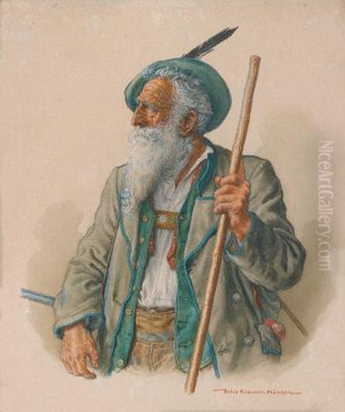 A Bearded Man In Native Attire Oil Painting by Peter I Kramer