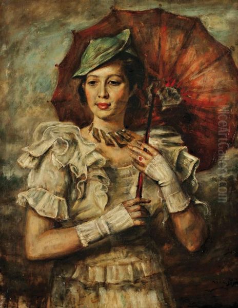 Portrait De Femme A L'ombrelle Oil Painting by Romain Kramstyk