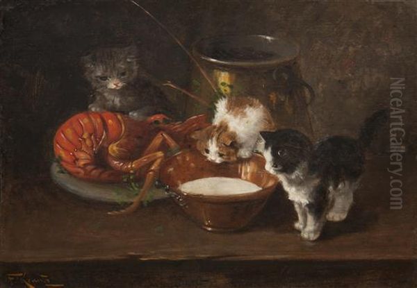 Kittens With Lobster Oil Painting by F. Krantz