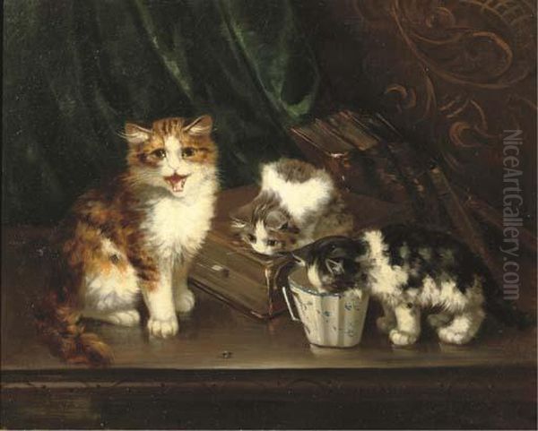 Curious Cats Oil Painting by F. Krantz