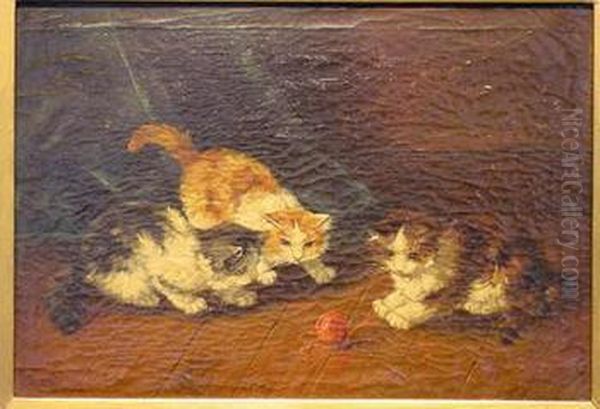 Playful Kittens Oil Painting by F. Krantz