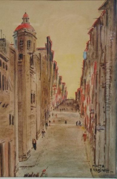 Maltese Street Scene With Figures Oil Painting by Peter Krasnoff