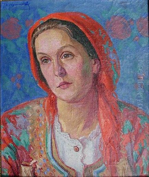 Portret Dziewczyny W Chuscie Oil Painting by Jozef Krasnowolski