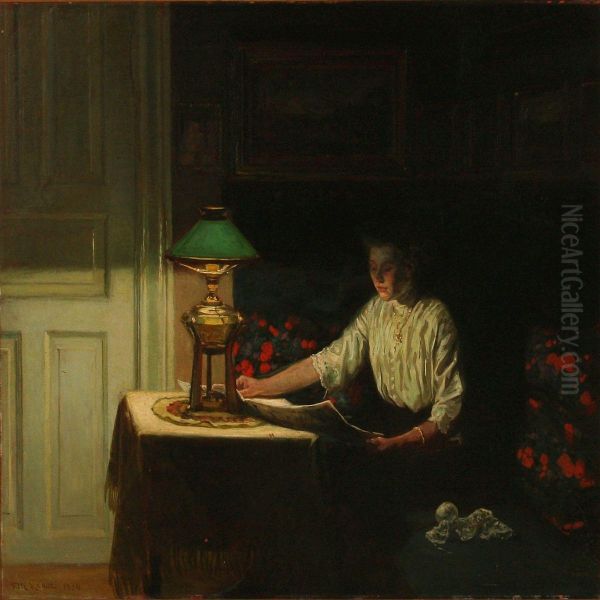 Interior With A Reading Woman Oil Painting by Fritz Kraul