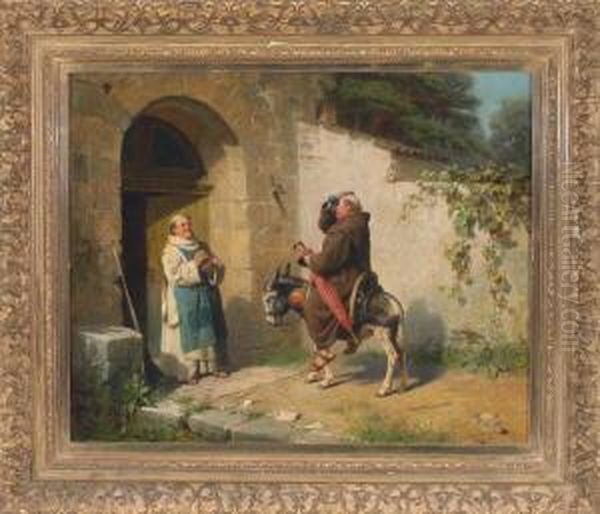 Ein Von Der Hitze Geplagter Monch Auf Einem Esel Wird Von Einem Bruder Am Klostertor Empfangen Oil Painting by August Kraus