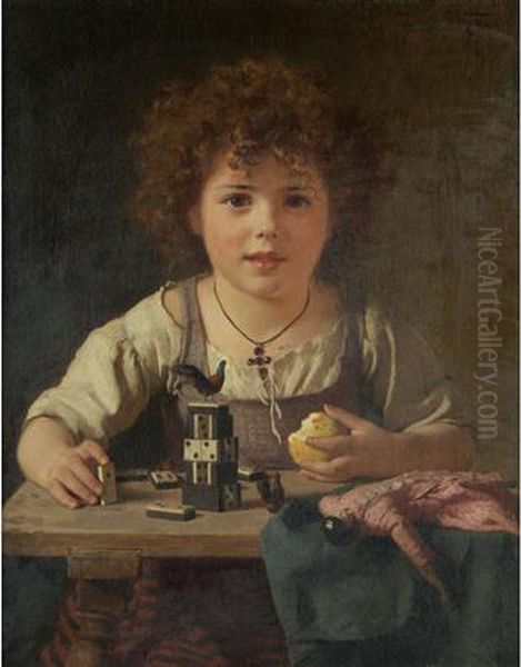 Young Girl Playing With Dominos Oil Painting by Friedrich Kraus