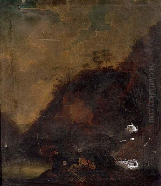 An Arcadian Mountainous Landscape With Figures Resting Near A Pond Oil Painting by Marianne Walpurgis Kraus