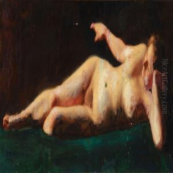 A Female Nude On A Green Couch Oil Painting by Emil Axel Krause