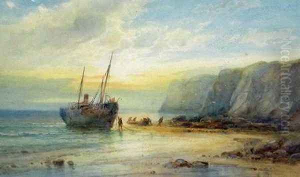 Coastal Scene With Fishing Boat And Fisher Folk Oil Painting by Emil Axel Krause