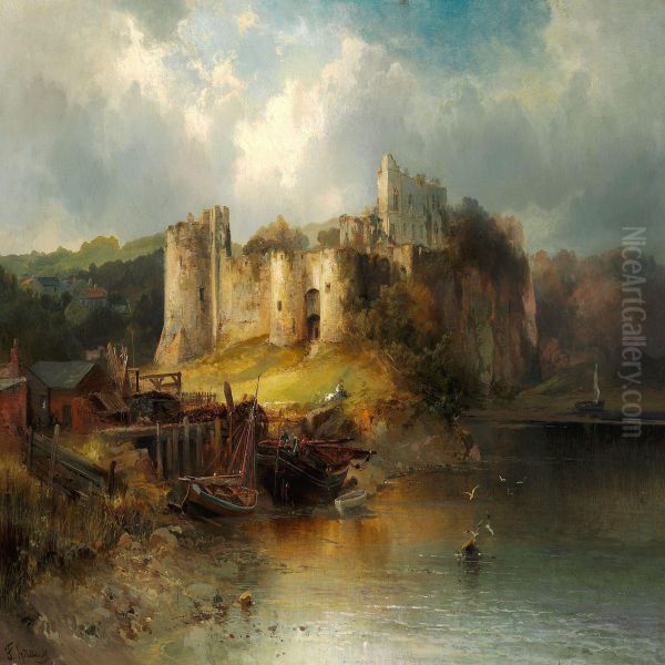 Ruins Of A Fortress Near A River Oil Painting by Franz Emil Krause