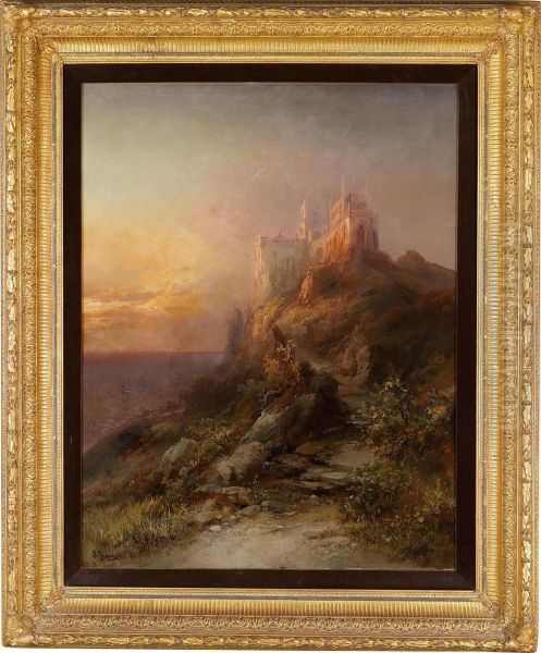 Castle Or Monastery Grounds On The Coast At Sunset Oil Painting by Franz Emil Krause