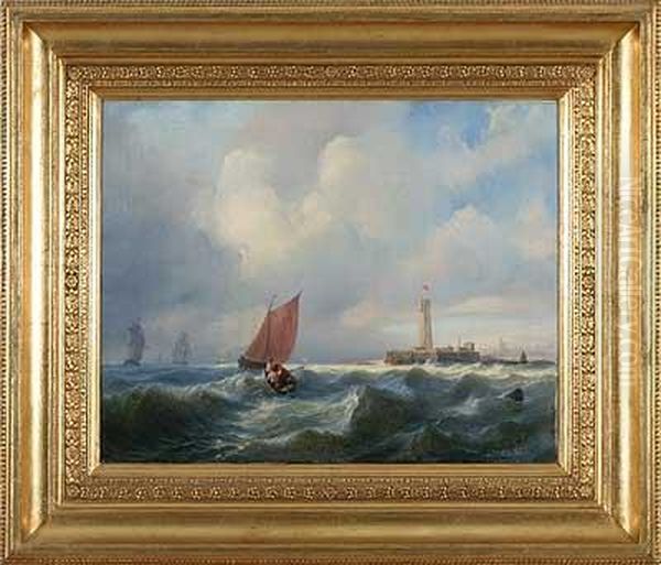 Hafeneinfahrt Mit Booten Auf Bewegter See Oil Painting by Wilhelm August Krause