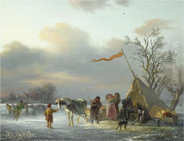 Skaters And A Horse Drawn Sledge Near A 'koek En Zopie' Oil Painting by Simon Andreas Krausz