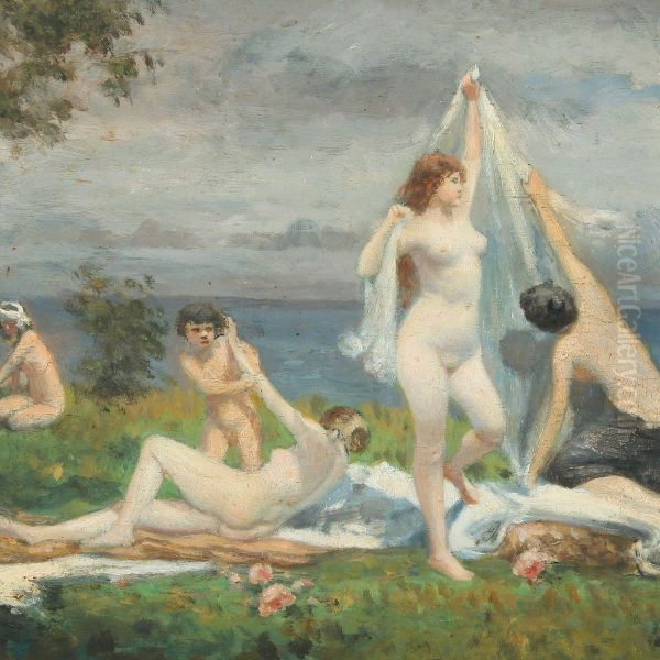 Bathing Girls On A Beach Oil Painting by Edmund Kregczy