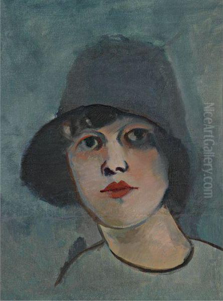 Portrait Of A Lady In A Hat Oil Painting by Rudolf Kremlicka