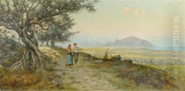 Shepherd Couple Before A Coastal Landscape Oil Painting by Erminio Kremp