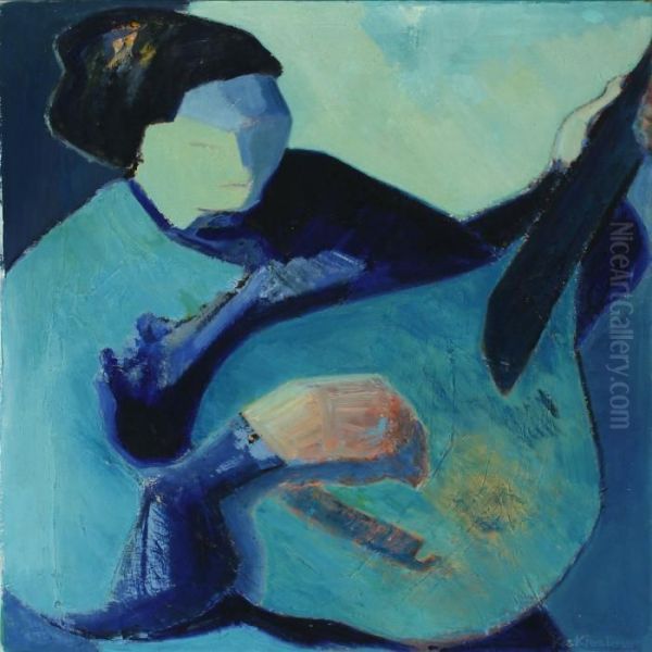 Woman Playing The Mandolin Oil Painting by Kresten Krestensen