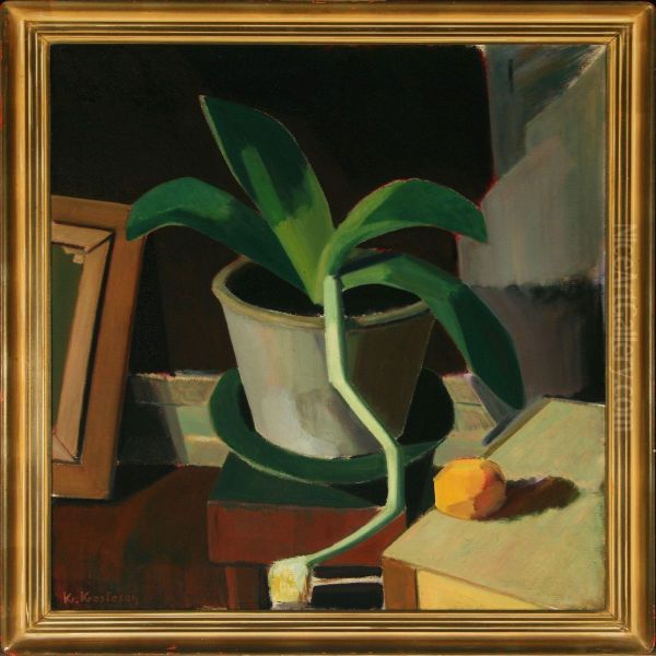 Still Life With A Plant Oil Painting by Kresten Krestensen