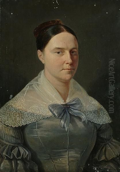 Portrait Of A Lady Wearing A Pale Blue Dress With A Lace Collar Oil Painting by Johann Hermann Kretzschmer