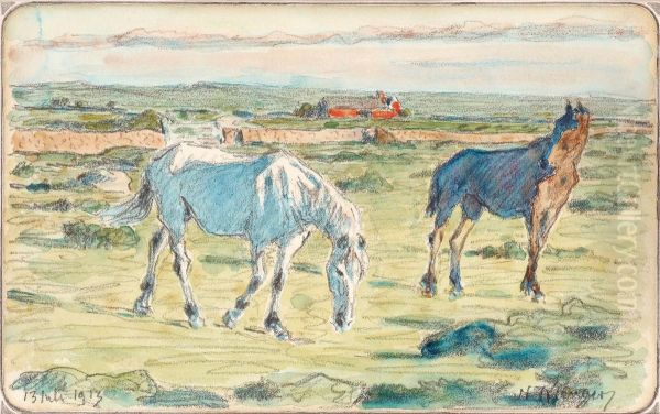 Horses On Oland Oil Painting by Nils Kreuger