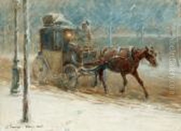 Boulevard Scene With Horse And Coach Inwinter Oil Painting by Nils Kreuger