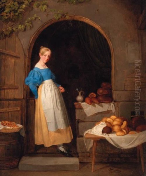 A Young Woman Selling Bread Oil Painting by Johann Fr. Karl Kreul