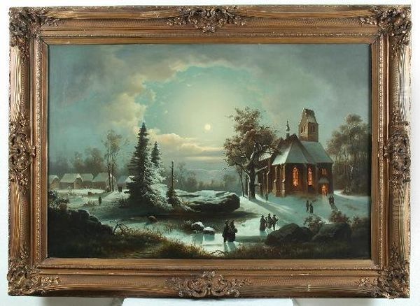 Christmette In Winterlichem Mondschein Oil Painting by A. Kreutzer