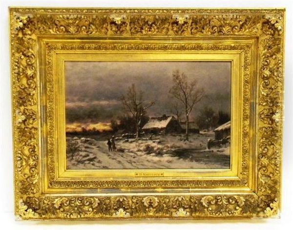 Snow Scene Landscape Oil Painting by B. Kreutzer