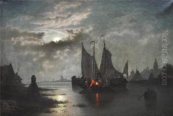 Nachtliche Ansicht Der Amstel Mit Ankernden Fischerbooten Vor Amsterdam Oil Painting by Felix Kreutzer