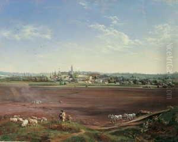 Osterreichische Landschaft Mit Einem Stadtchen Und Bauerlicher Staffage. Signiert Unten Mitte: Oil Painting by Conrad Kreuzer