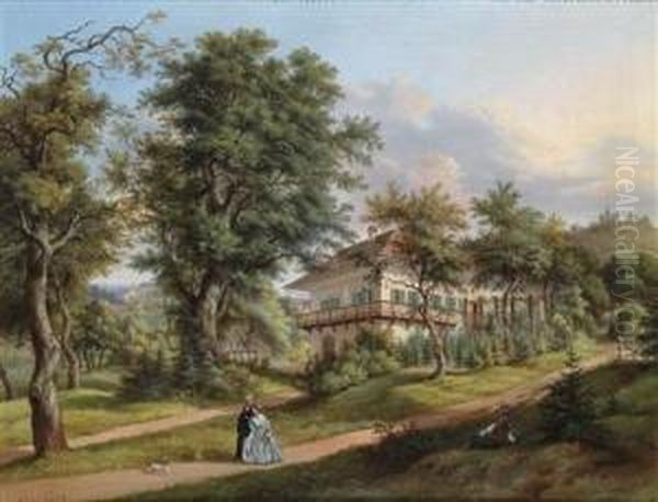 Park Landscape With Couple Walking In The Foreground Oil Painting by Vincenz Kreuzer