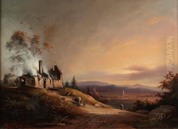 Landscape With House In Flames Oil Painting by Vincenz Kreuzer