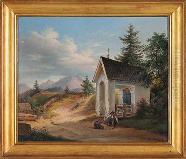 Landschaft Mit Kleinerkapelle U. Mudem Wanderer Oil Painting by Vincenz Kreuzer