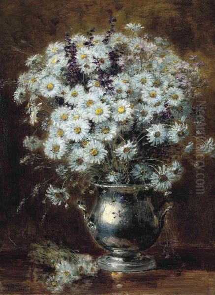 Daisies And Other Summer Blooms In A Silver Ewer Oil Painting by Alexis Kreyder